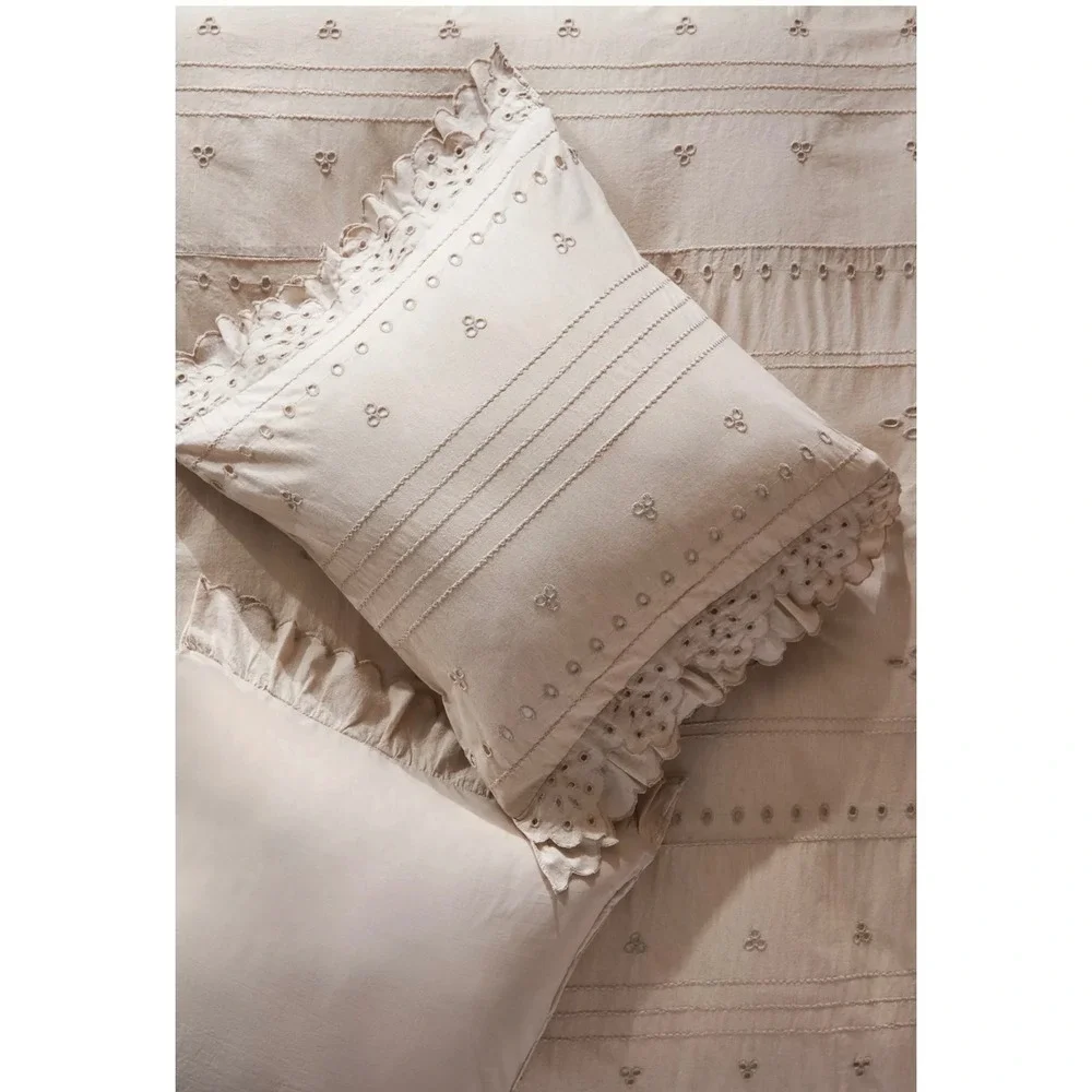 Anthropologie Rivulets Euro Sham Beige Eyelet Ruffle Cotton Linen 26x26